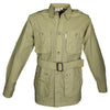 Front view of a Men's Safari Jacket, color Khaki. The jacket has two large flap-covered cargo-style chest pockets, two large flap-covered cargo-style waist pockets, functional cross-stitched shoulder straps, Swiss roll-up tabs on the sleeves, a button-front placket, a buckled waist belt, and double stitching throughout. 100% cotton.