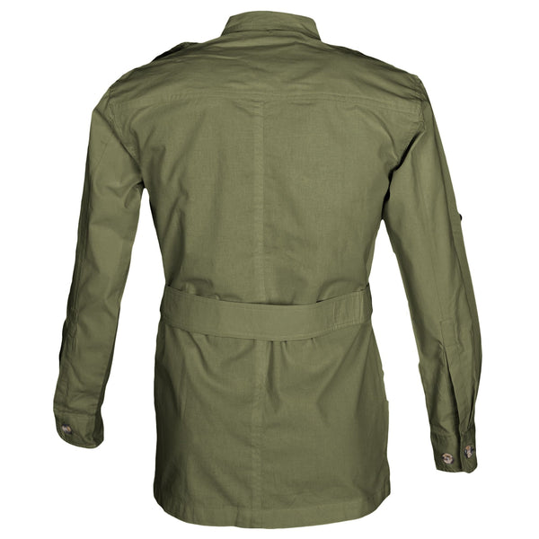 Back view of a Men's Safari Jacket, color Moss. The jacket has a double yolk, functional cross-stitched shoulder straps, Swiss roll-up tabs on the sleeves, a buckled waist belt, and double stitching throughout. 100% cotton.