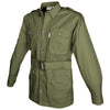 Side view of a Men's Safari Jacket, color Moss. The jacket has two large flap-covered cargo-style chest pockets, two large flap-covered cargo-style waist pockets, functional cross-stitched shoulder straps, Swiss roll-up tabs on the sleeves, a button-front placket, a buckled waist belt, and double stitching throughout. 100% cotton.