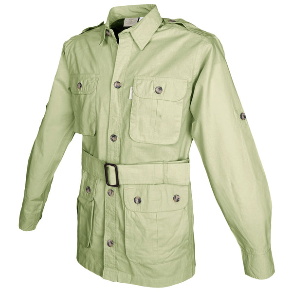 Side view of a Men's Safari Jacket, color Stone. The jacket has two large flap-covered cargo-style chest pockets, two large flap-covered cargo-style waist pockets, functional cross-stitched shoulder straps, Swiss roll-up tabs on the sleeves, a button-front placket, a buckled waist belt, and double stitching throughout. 100% cotton.
