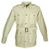 Front view of a Men's Safari Jacket, color Stone. The jacket has two large flap-covered cargo-style chest pockets, two large flap-covered cargo-style waist pockets, functional cross-stitched shoulder straps, Swiss roll-up tabs on the sleeves, a button-front placket, a buckled waist belt, and double stitching throughout. 100% cotton.