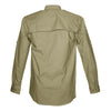 Back view of a Men's Vent Back Adventure Shirt in Long Sleeves, color Khaki. The shirt has a mesh-lined vented back, buttoned Swiss tabs on the sleeves, and long rounded tails for tucking into pants. 100% cotton.