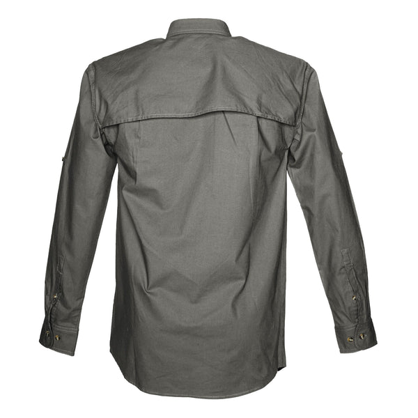 Back view of a Men's Vent Back Adventure Shirt in Long Sleeves, color Olive. The shirt has a mesh-lined vented back, buttoned Swiss tabs on the sleeves, and long rounded tails for tucking into pants. 100% cotton.