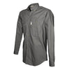 Side view of a Men's Vent Back Adventure Shirt in Long Sleeves, color Olive. The shirt has two flap-covered chest pockets, button-down collars, buttoned Swiss tabs on the sleeves, a button-front placket, double stitching throughout, and long rounded tails for tucking into pants. 100% cotton.