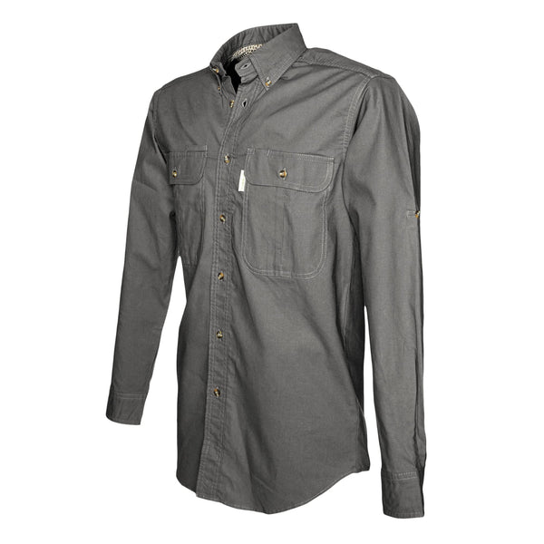 Side view of a Men's Vent Back Adventure Shirt in Long Sleeves, color Olive. The shirt has two flap-covered chest pockets, button-down collars, buttoned Swiss tabs on the sleeves, a button-front placket, double stitching throughout, and long rounded tails for tucking into pants. 100% cotton.