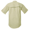 Back view of a Men's Vent Back Adventure Shirt in Short Sleeves, color Stone. The shirt has a mesh-lined vented back, buttoned roll-up tabs on the sleeve cuffs, and long rounded tails for tucking into pants. 100% cotton.