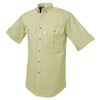Side view of a Men's Vent Back Adventure Shirt in Short Sleeves, color Stone. The shirt has two flap-covered chest pockets, button-down collars, buttoned roll-up tabs on the sleeve cuffs, a button-front placket, double stitching throughout, and long rounded tails for tucking into pants. 100% cotton.