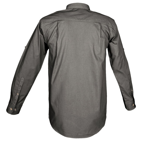 Back view of a Men's Trail Shirt with Buffalo Logo in Long Sleeves, color Olive. The shirt has a dual layer yoke, functional cross-stitched shoulder straps, double stitching throughout, and long rounded tails for tucking into pants. 100% cotton.