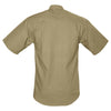 Back view of a Men's Trail Shirt in Short Sleeves, color Khaki. The shirt has a dual layer yoke, functional cross-stitched shoulder straps, double stitching throughout, and long rounded tails for tucking into pants. 100% cotton.