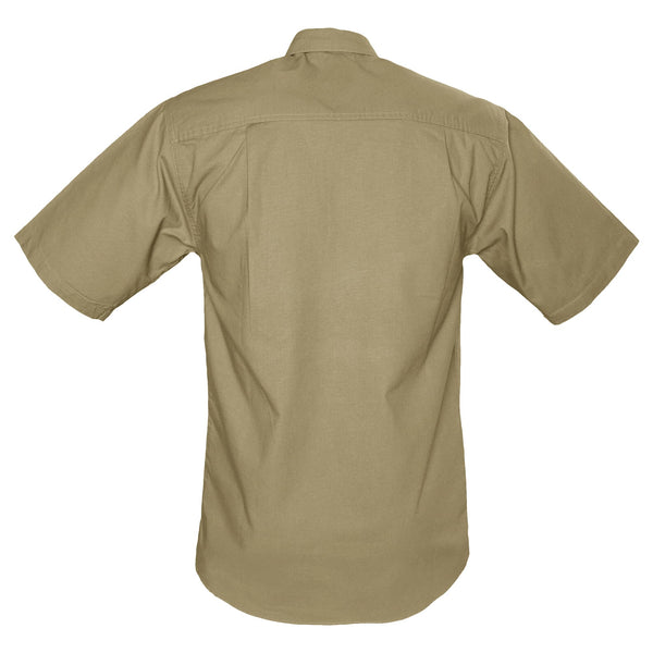 Back view of a Men's Trail Shirt with Buffalo Logo in Short Sleeves, color Khaki. The shirt has a dual layer yoke, functional cross-stitched shoulder straps, double stitching throughout, and long rounded tails for tucking into pants. 100% cotton.