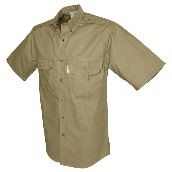 Side view of a Men's Trail Shirt in Short Sleeves, color Khaki. The shirt has two flap-covered chest pockets, button-down collars, functional cross-stitched shoulder straps, a button-front placket, double stitching throughout, and long rounded tails for tucking into pants. 100% cotton.