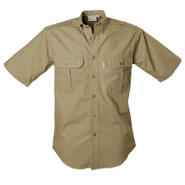 Front view of a Men's Trail Shirt in Short Sleeves, color Khaki. The shirt has two flap-covered chest pockets, button-down collars, functional cross-stitched shoulder straps, a button-front placket, double stitching throughout, and long rounded tails for tucking into pants. 100% cotton.