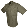 Side view of a Men's Trail Shirt in Short Sleeves, color Moss. The shirt has two flap-covered chest pockets, button-down collars, functional cross-stitched shoulder straps, a button-front placket, double stitching throughout, and long rounded tails for tucking into pants. 100% cotton.
