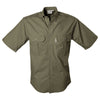 Front view of a Men's Trail Shirt in Short Sleeves, color Moss. The shirt has two flap-covered chest pockets, button-down collars, functional cross-stitched shoulder straps, a button-front placket, double stitching throughout, and long rounded tails for tucking into pants. 100% cotton.