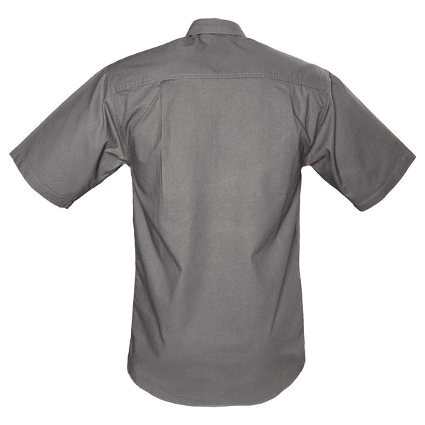 Back view of a Men's Trail Shirt in Short Sleeves, color Olive. The shirt has a dual layer yoke, functional cross-stitched shoulder straps, double stitching throughout, and long rounded tails for tucking into pants. 100% cotton.