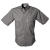 Front view of a Men's Trail Shirt in Short Sleeves, color Olive. The shirt has two flap-covered chest pockets, button-down collars, functional cross-stitched shoulder straps, a button-front placket, double stitching throughout, and long rounded tails for tucking into pants. 100% cotton.