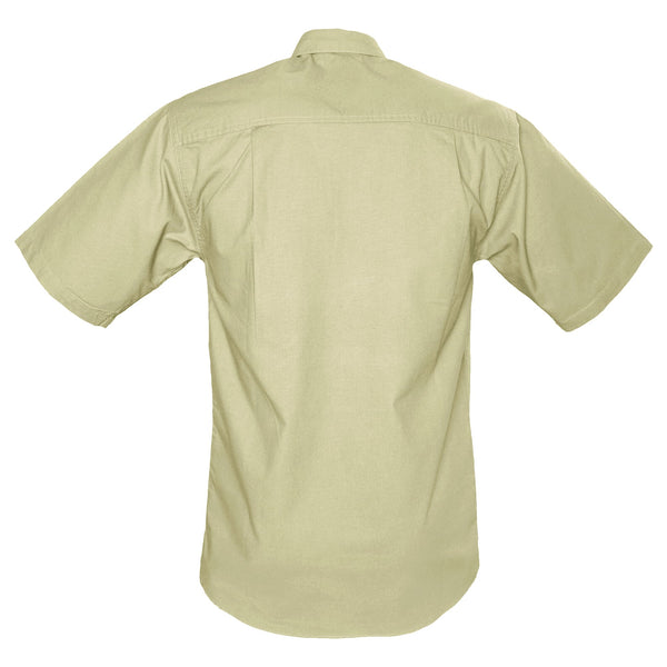 Back view of a Men's Trail Shirt in Short Sleeves, color Stone. The shirt has a dual layer yoke, functional cross-stitched shoulder straps, double stitching throughout, and long rounded tails for tucking into pants. 100% cotton.