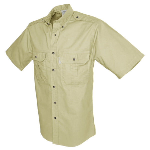 Side view of a Men's Trail Shirt in Short Sleeves, color Stone. The shirt has two flap-covered chest pockets, button-down collars, functional cross-stitched shoulder straps, a button-front placket, double stitching throughout, and long rounded tails for tucking into pants. 100% cotton.