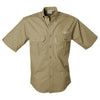 Front view of a Men's Trail Shirt with Buffalo Logo in Short Sleeves, color Khaki. The shirt has two flap-covered chest pockets with an embroidered Tag buffalo logo above the left pocket, button-down collars, functional cross-stitched shoulder straps, a button-front placket, double stitching throughout, and long rounded tails for tucking into pants. 100% cotton.