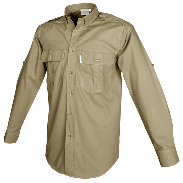 Side view of a Men's Trail Shirt in Long Sleeves, color Khaki. The shirt has two flap-covered chest pockets, button-down collars, functional cross-stitched shoulder straps, a button-front placket, double stitching throughout, and long rounded tails for tucking into pants. 100% cotton.