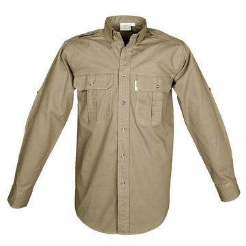 Front view of a Men's Trail Shirt in Long Sleeves, color Khaki. The shirt has two flap-covered chest pockets, button-down collars, functional cross-stitched shoulder straps, a button-front placket, double stitching throughout, and long rounded tails for tucking into pants. 100% cotton.