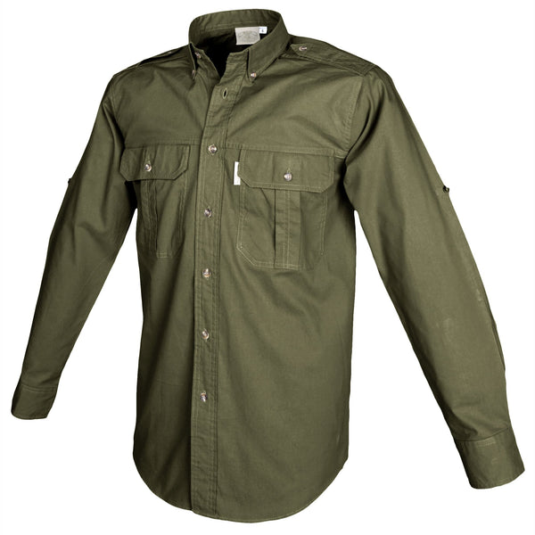 Side view of a Men's Trail Shirt in Long Sleeves, color Moss. The shirt has two flap-covered chest pockets, button-down collars, functional cross-stitched shoulder straps, a button-front placket, double stitching throughout, and long rounded tails for tucking into pants. 100% cotton.