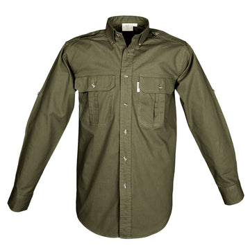 Front view of a Men's Trail Shirt in Long Sleeves, color Moss. The shirt has two flap-covered chest pockets, button-down collars, functional cross-stitched shoulder straps, a button-front placket, double stitching throughout, and long rounded tails for tucking into pants. 100% cotton.