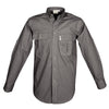 Front view of a Men's Trail Shirt in Long Sleeves, color Olive. The shirt has two flap-covered chest pockets, button-down collars, functional cross-stitched shoulder straps, a button-front placket, double stitching throughout, and long rounded tails for tucking into pants. 100% cotton.