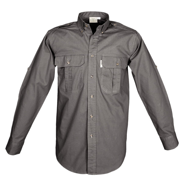 Front view of a Men's Trail Shirt in Long Sleeves, color Olive. The shirt has two flap-covered chest pockets, button-down collars, functional cross-stitched shoulder straps, a button-front placket, double stitching throughout, and long rounded tails for tucking into pants. 100% cotton.