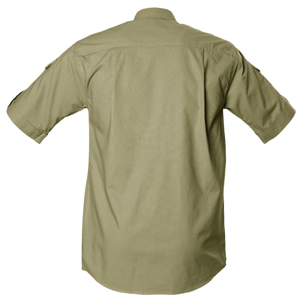Back view of a Men's Shooter Shirt in Short Sleeves, color Khaki. The shirt has functional cross-stitched shoulder straps, double stitching throughout, and long rounded tails for tucking into pants. 100% cotton.