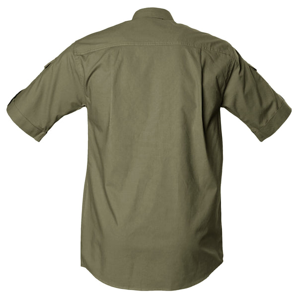 Back view of a Men's Shooter Shirt in Short Sleeves, color Moss. The shirt has functional cross-stitched shoulder straps, double stitching throughout, and long rounded tails for tucking into pants. 100% cotton.