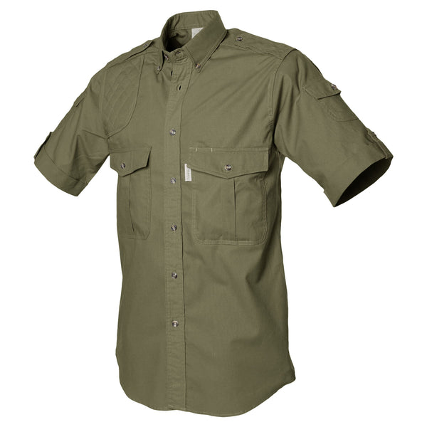 Side view of a Men's Shooter Shirt in Short Sleeves, color Moss. The shirt has a quilted shooting pad at the right shoulder, ammo pockets on the sleeves, two flap-covered chest pockets, button-down collars, functional cross-stitched shoulder straps, a button-front placket, double stitching throughout, and long rounded tails for tucking into pants. 100% cotton.