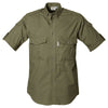 Front view of a Men's Shooter Shirt in Short Sleeves, color Moss. The shirt has a quilted shooting pad at the right shoulder, ammo pockets on the sleeves, two flap-covered chest pockets, button-down collars, functional cross-stitched shoulder straps, a button-front placket, double stitching throughout, and long rounded tails for tucking into pants. 100% cotton.