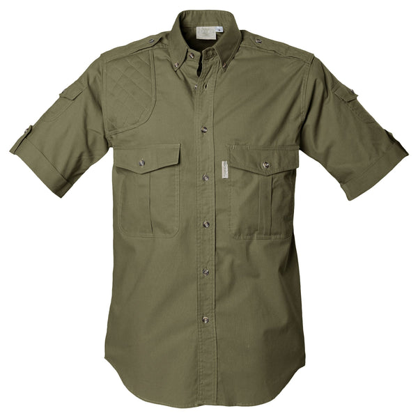 Front view of a Men's Shooter Shirt in Short Sleeves, color Moss. The shirt has a quilted shooting pad at the right shoulder, ammo pockets on the sleeves, two flap-covered chest pockets, button-down collars, functional cross-stitched shoulder straps, a button-front placket, double stitching throughout, and long rounded tails for tucking into pants. 100% cotton.