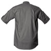 Back view of a Men's Shooter Shirt in Short Sleeves, color Olive. The shirt has functional cross-stitched shoulder straps, double stitching throughout, and long rounded tails for tucking into pants. 100% cotton.
