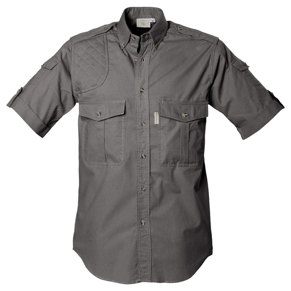 Front view of a Men's Shooter Shirt in Short Sleeves, color Olive. The shirt has a quilted shooting pad at the right shoulder, ammo pockets on the sleeves, two flap-covered chest pockets, button-down collars, functional cross-stitched shoulder straps, a button-front placket, double stitching throughout, and long rounded tails for tucking into pants. 100% cotton.