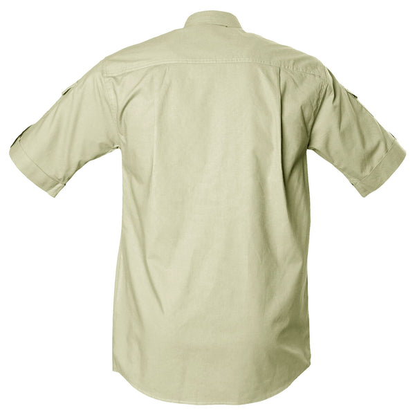 Back view of a Men's Shooter Shirt in Short Sleeves, color Stone. The shirt has functional cross-stitched shoulder straps, double stitching throughout, and long rounded tails for tucking into pants. 100% cotton.