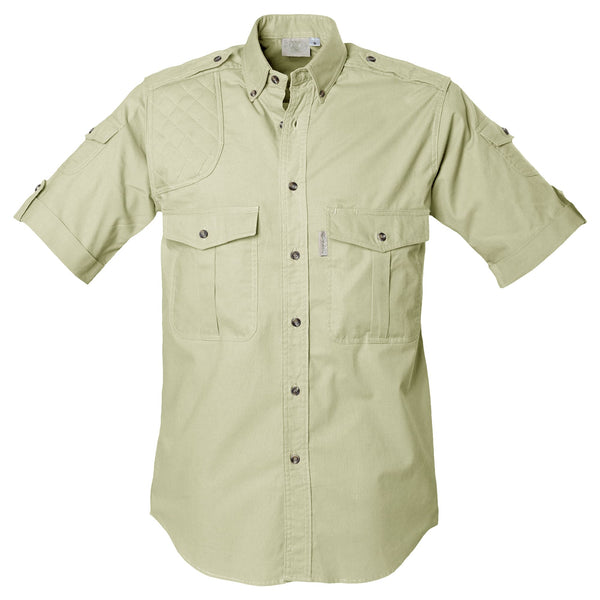 Front view of a Men's Shooter Shirt in Short Sleeves, color Stone. The shirt has a quilted shooting pad at the right shoulder, ammo pockets on the sleeves, two flap-covered chest pockets, button-down collars, functional cross-stitched shoulder straps, a button-front placket, double stitching throughout, and long rounded tails for tucking into pants. 100% cotton.