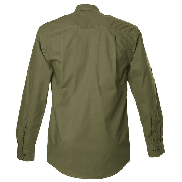 Back view of a Men's Safari Shirt in Long Sleeves, color Moss. The shirt has buttoned Swiss tabs on the sleeves, double stitching throughout, and long rounded tails for tucking into pants. 100% cotton.