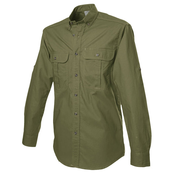 Side view of a Men's Safari Shirt in Long Sleeves, color Moss. The shirt has two flap-covered chest pockets, button-down collars, buttoned Swiss tabs on the sleeves, a button-front placket, double stitching throughout, and long rounded tails for tucking into pants. 100% cotton.