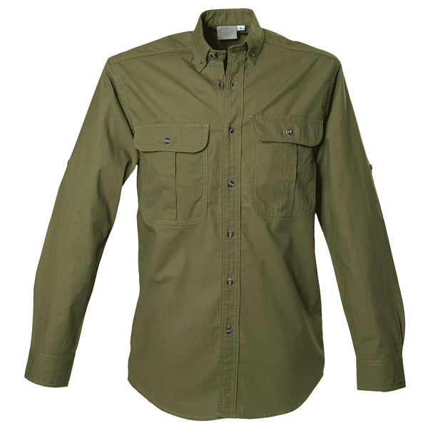 Front view of a Men's Safari Shirt in Long Sleeves, color Moss. The shirt has two flap-covered chest pockets, button-down collars, buttoned Swiss tabs on the sleeves, a button-front placket, double stitching throughout, and long rounded tails for tucking into pants. 100% cotton.