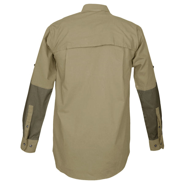 Back of a Men's Clay Bird Shirt in Long Sleeves, color Khaki/Moss. The shirt has a mesh-lined vented back, contrasted forearms, double stitching throughout, and long rounded tails for tucking into pants. 100% cotton.