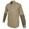 Side of a Men's Clay Bird Shirt in Long Sleeves, color Khaki/Moss. The shirt has a quilted recoil pad at the right shoulder, contrasted forearms, a flap-covered chest pocket, button-down collars, a button-front placket, a stitched FITASC gun position line, double stitching throughout, and long rounded tails for tucking into pants. 100% cotton.