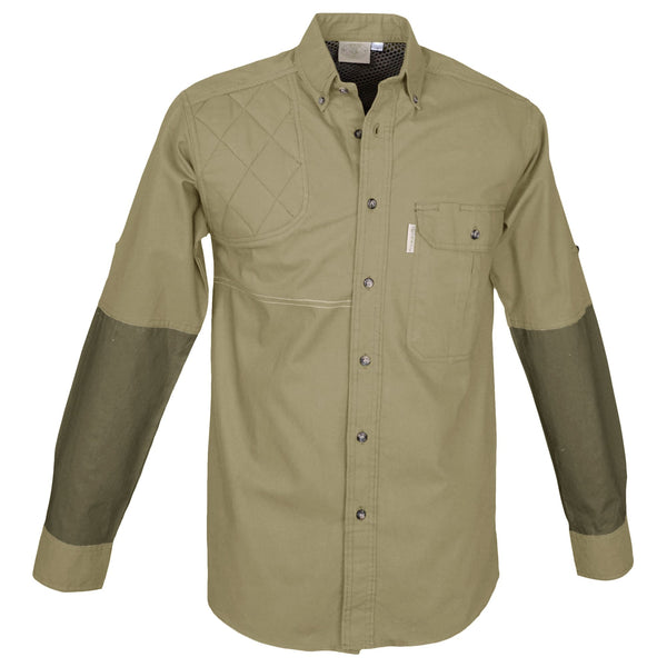 Front of a Men's Clay Bird Shirt in Long Sleeves, color Khaki/Moss. The shirt has a quilted recoil pad at the right shoulder, contrasted forearms, a single flap-covered chest pocket, button-down collars, a button-front placket, a stitched FITASC gun position line, double stitching throughout, and long rounded tails for tucking into pants. 100% cotton.