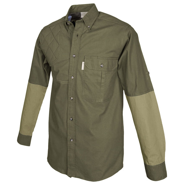Side of a Men's Clay Bird Shirt in Long Sleeves, color Moss/Khaki. The shirt has a quilted recoil pad at the right shoulder, contrasted forearms, a flap-covered chest pocket, button-down collars, a button-front placket, a stitched FITASC gun position line, double stitching throughout, and long rounded tails for tucking into pants. 100% cotton.