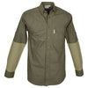 Front of a Men's Clay Bird Shirt in Long Sleeves, color Moss/Khaki. The shirt has a quilted recoil pad at the right shoulder, contrasted forearms, a single flap-covered chest pocket, button-down collars, a button-front placket, a stitched FITASC gun position line, double stitching throughout, and long rounded tails for tucking into pants. 100% cotton.