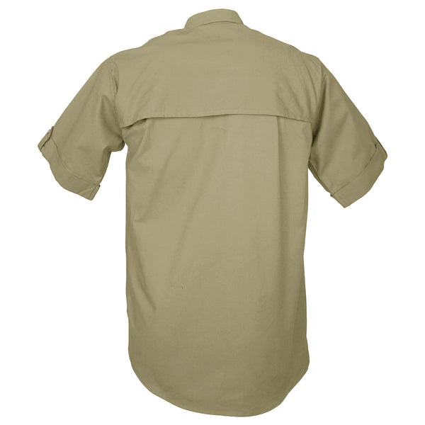 Back view of a Men's Clay Bird Shirt in Short Sleeves, color Khaki. The shirt has a mesh-lined vented back, double stitching throughout, and long rounded tails for tucking into pants. 100% cotton.