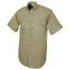 Side view of a Men's Clay Bird Shirt in Short Sleeves, color Khaki. The shirt has a quilted recoil pad at the right shoulder, a mesh-lined vented back, a flap-covered chest pocket, button-down collars, a button-front placket, a stitched FITASC gun position line, double stitching throughout, and long rounded tails for tucking into pants. 100% cotton.