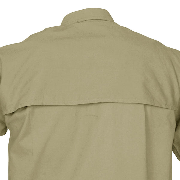 Closeup of a Men's Clay Bird Shirt in Short Sleeves, color Khaki. The shirt has a mesh-lined vented back, and double stitching throughout. 100% cotton.