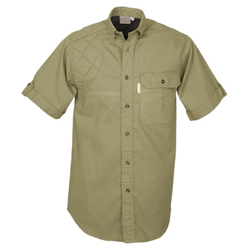 Front view of a Men's Clay Bird Shirt in Short Sleeves, color Khaki. The shirt has a quilted recoil pad at the right shoulder, a mesh-lined vented back, a flap-covered chest pocket, button-down collars, a button-front placket, a stitched FITASC gun position line, double stitching throughout, and long rounded tails for tucking into pants. 100% cotton.